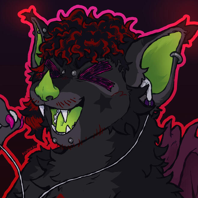 A drawing of a bat fursona with his mouth open listening to music